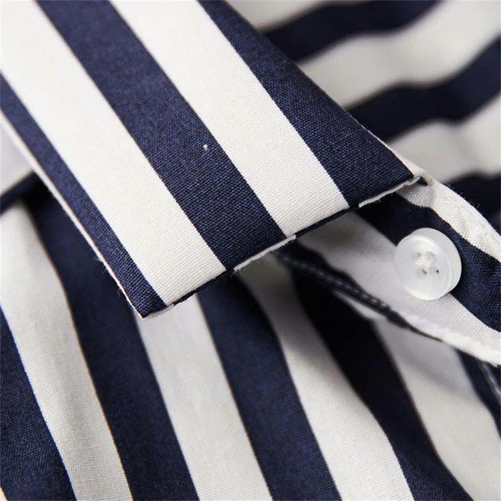 Summer Striped Shirt Color Block Men's Casual Single-Breasted Cardigan mid-Sleeved tie-up Lapel Stand Collar Business top