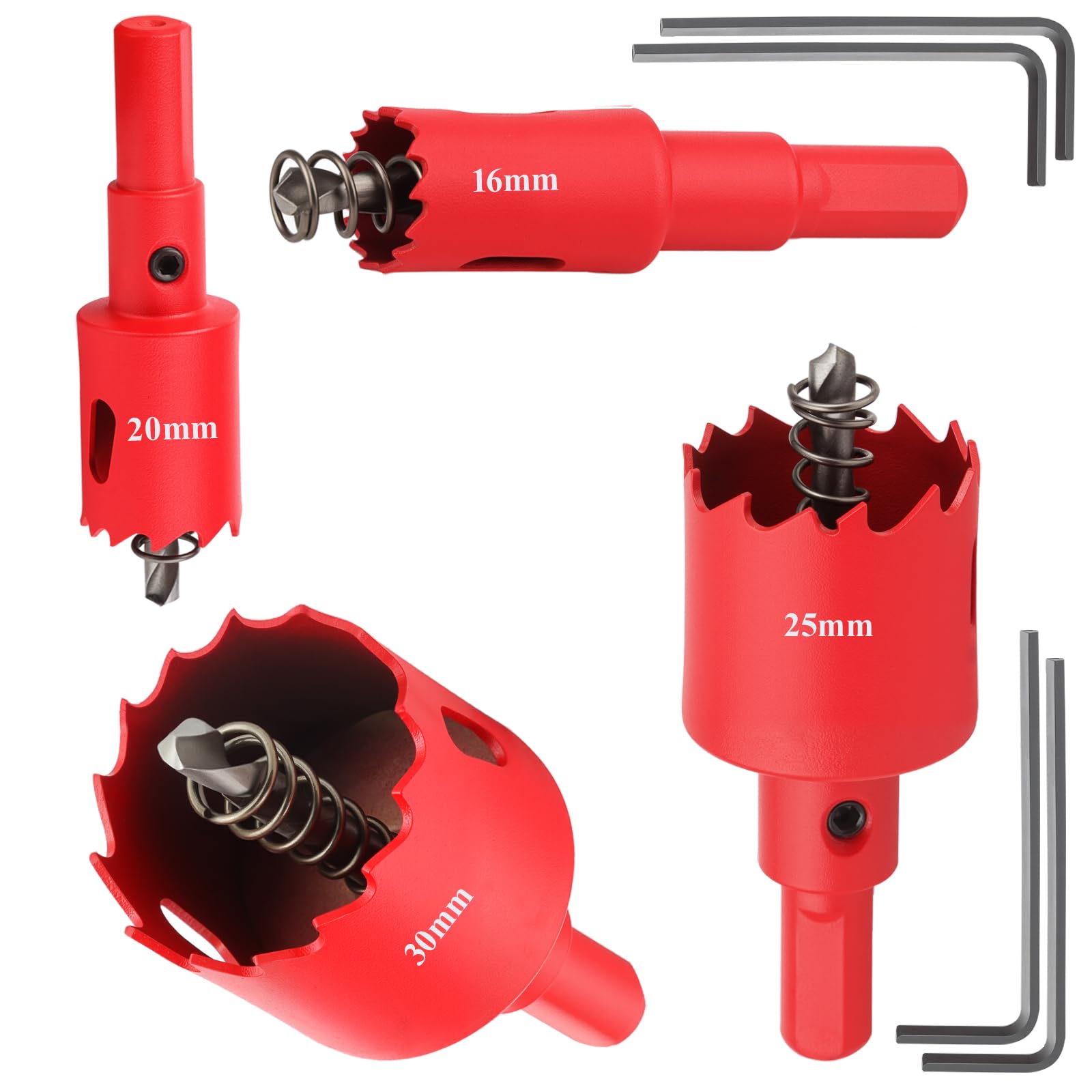 4-częściowy zestaw otwornic do drewna, w tym otwornica 16 mm, otwornica 20 mm, otwornica 25 mm i otwornica 30 mm, otwornice z węglika i bimetalu z 4-częściowym trzonem sześciokątnym do drewna