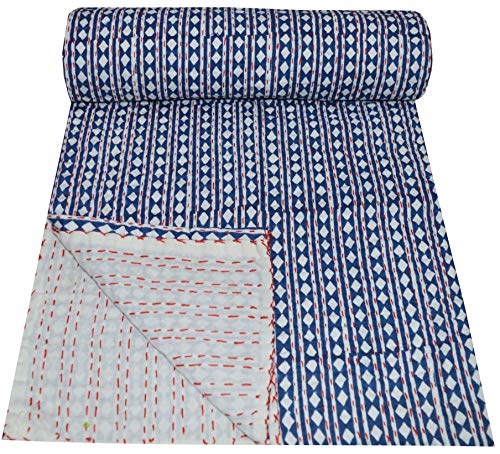 YUVANCRAFTS Indian Bagru Hand Block Print Kantha Quilt Twin Size Pure Cotton Handmade Vintage Kantha Quilt Throw Kantha Blanket Bedspread