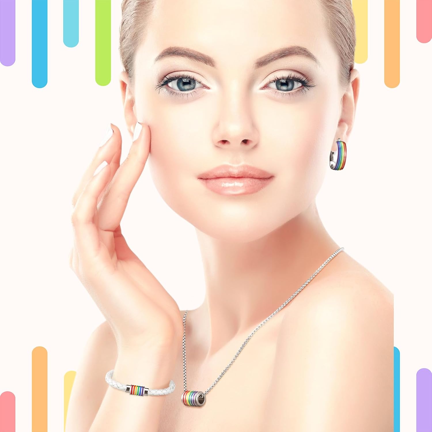 Quelay 3 Pcs Gay Pride LGBT Jewelry Sets for Women LGBT Rainbow Leather Bracelet Necklace Rainbow Hoop Earrings Bisexual Stuff LGBTQ Jewelry Lesbian Stuff Gifts