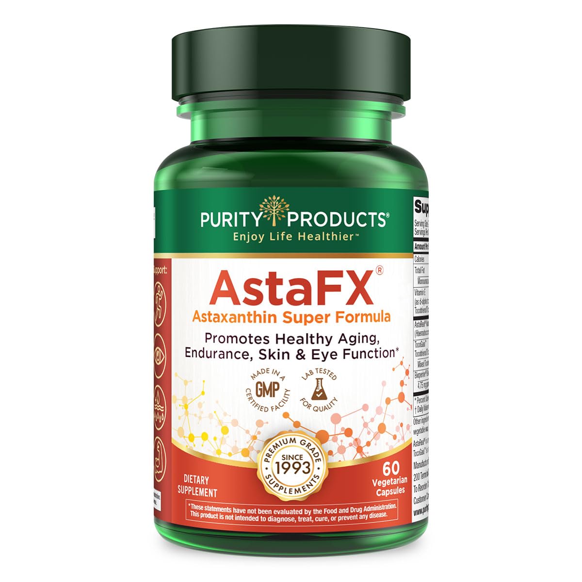 Purity Products AstaFX Astaxanthin Antioxidant Super Formula from Clinically Tested 4 mg AstaREAL with Tocotrienols (Vitamin E) + BioPerine Black Pepper + Piperine - 60 Vegetarian Caps