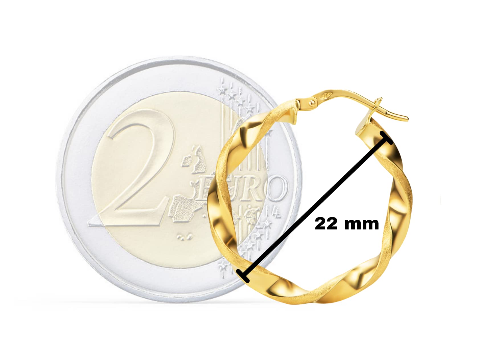 PRINS JEWELS Pendientes de aro pequeños de oro de 14 quilates trenzados parcialmente mate | Pendientes de oro amarillo 585 de alta calidad - PRI15M