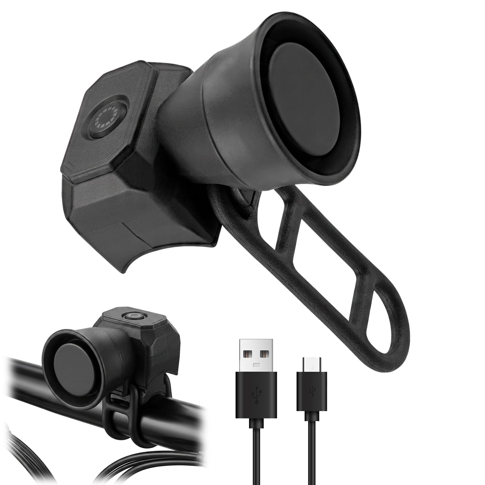 Loud Bike Horn 120dB Electric Bicycle Bell with 5 Sound Modes, USB Rechargeable Waterproof Cycle Bell with Silicone Strap, Cycling Accessories for Adults Kids Mountain Road Bikes Scooter Black