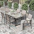 HERA'S HOUSE Patio Table and Chairs, 64" Wood-Like Metal Table with Umbrella Hole, 7 Pieces Outdoor Dining Sets for Yard Garden Porch Deck, Brown
