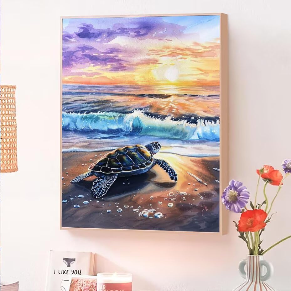 Pintar por Numeros Adultos Playa, Cuadros para Pintar por Numeros Niños con Pinceles y Pigmento Acrílico, Kit Manualidades Acuarelas Niños, Decoración de Paredes del Hogar Tortuga Marina 25x35cm O-206