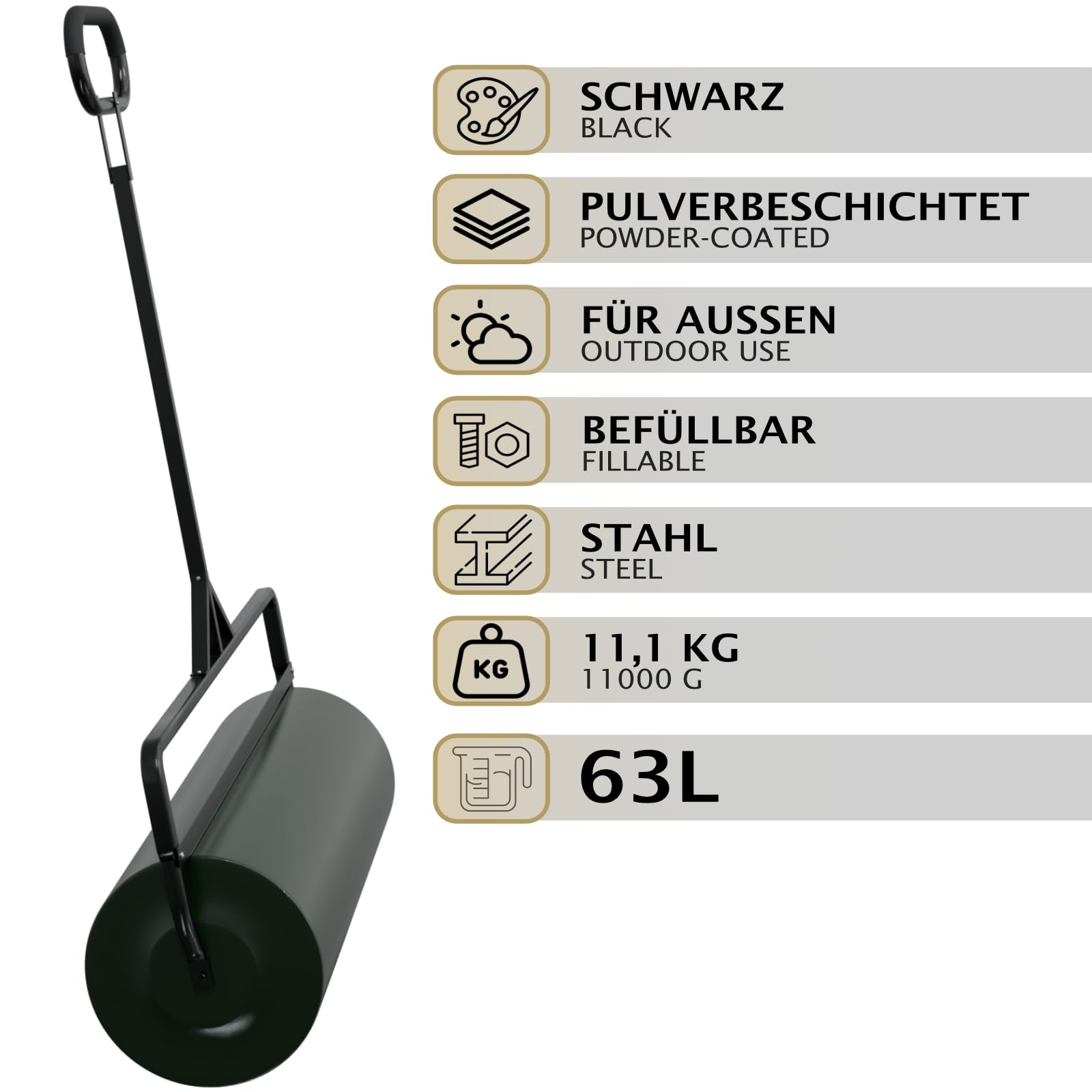 HAGO 24 Rouleau manuel pour jardin, pelouse, 90 cm, en acier, 63 l