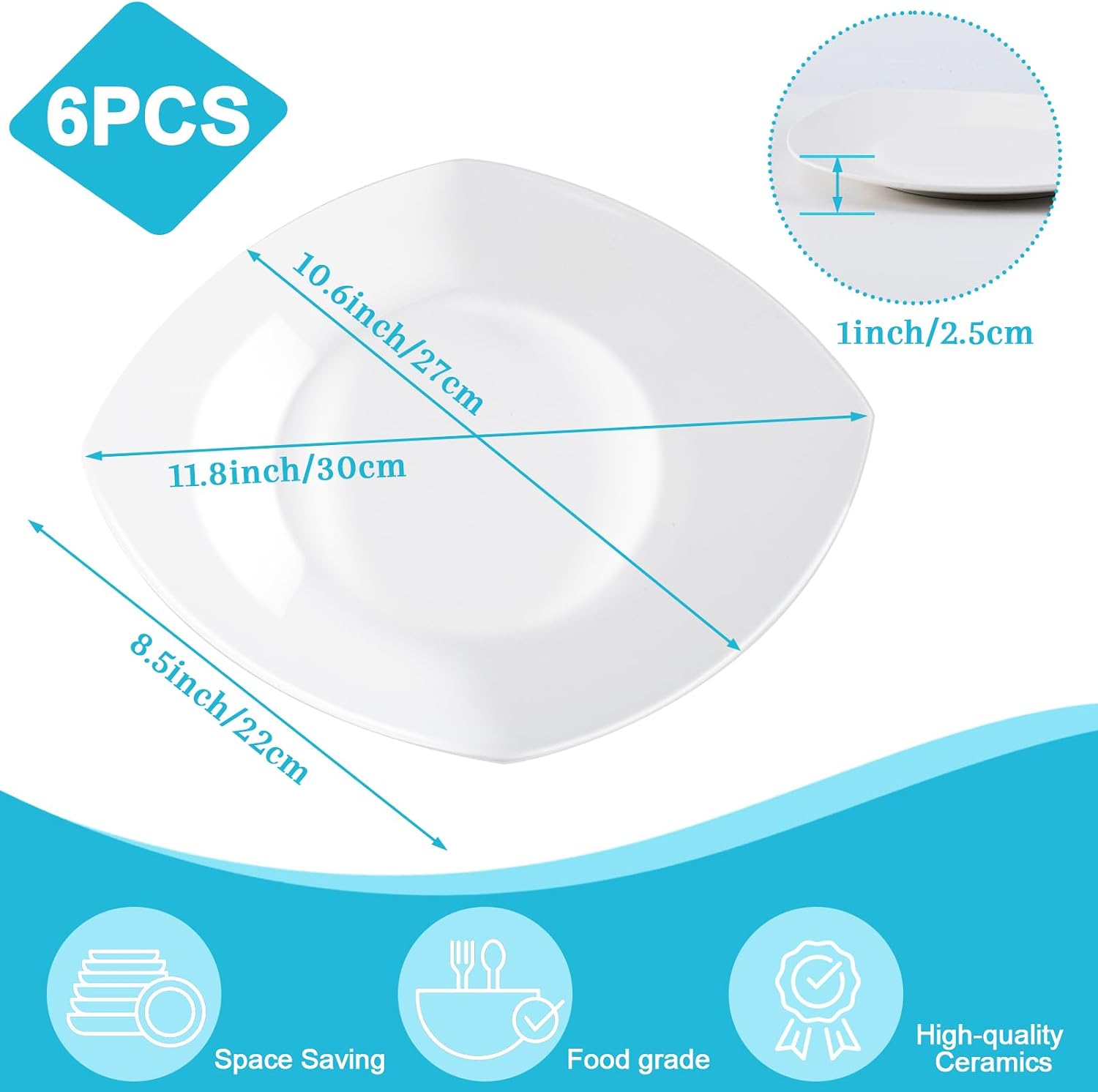 Square Dinner Plates, Set of 6, White, 10.5 Inch image 2