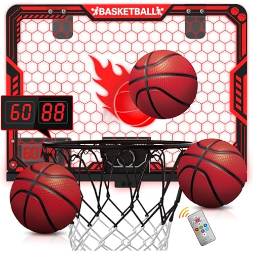 ZIZZ Indoor Basketball Hoop for Kids: Basketball Gifts for Boys 4-10 LED Light & Scoreboard Over The Door Basketball Hoop Birthday Gift for Boy Ages 5 6 7 8 9 10 11 Years Old Mini Basketball Game Toys