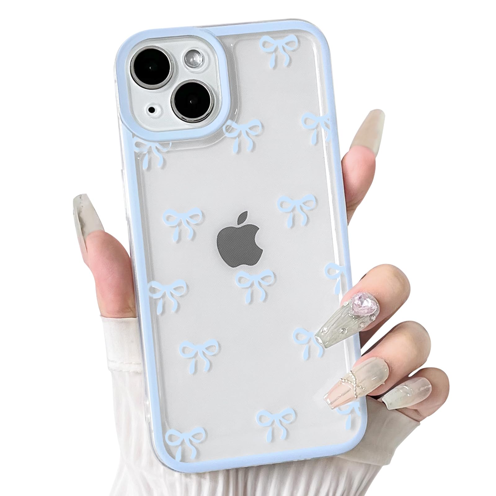 NITITOP Compatible with iPhone 14 Plus Case Cute Clear Durable Ribbon Bowknot Pattern for Girls Women Soft TPU Transparent Full Camera Lens Shockproof