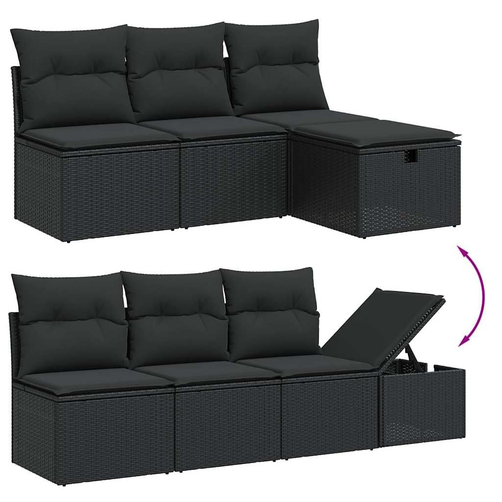 Set divani da giardino modulare con cuscini nero in polyrattan resistente per patio terrazza balcone veranda outdoor arredo relax pranzo lounge con tavolo e poltrone