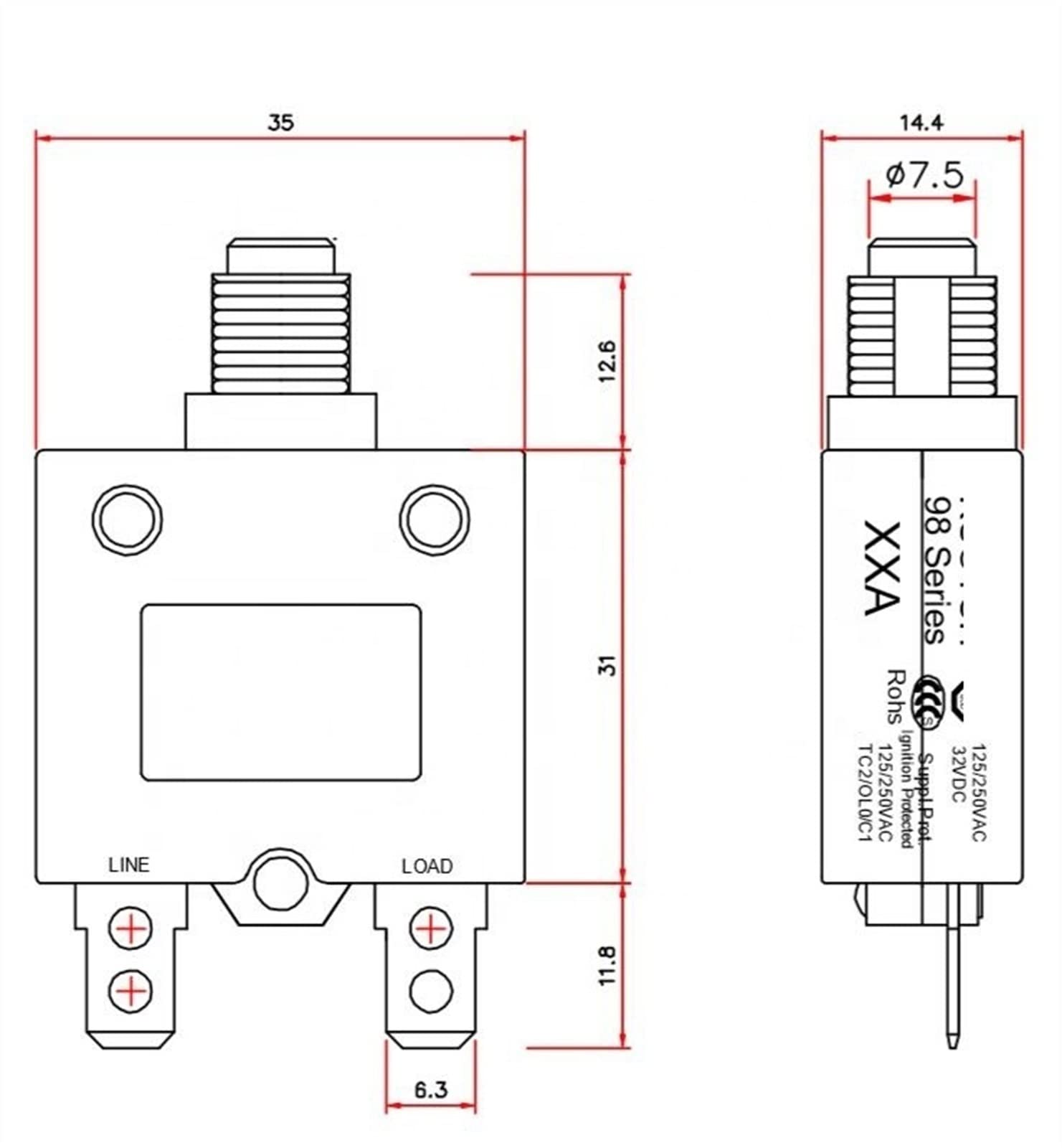 Interruttori automatici serie 98 20A Interruttore di protezione da sovraccarico termico a ripristino manuale for generatore 2 pezzi (Size : 4A)