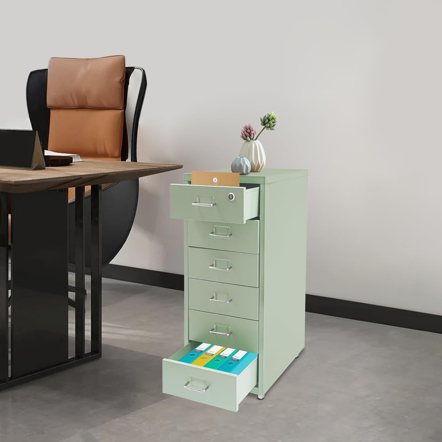 6 Drawers Mobile File Cabinet Rolling Vertical Filing Cabinet Under Desk Storage Organization 16" D x 11" W x 27" H (Green)