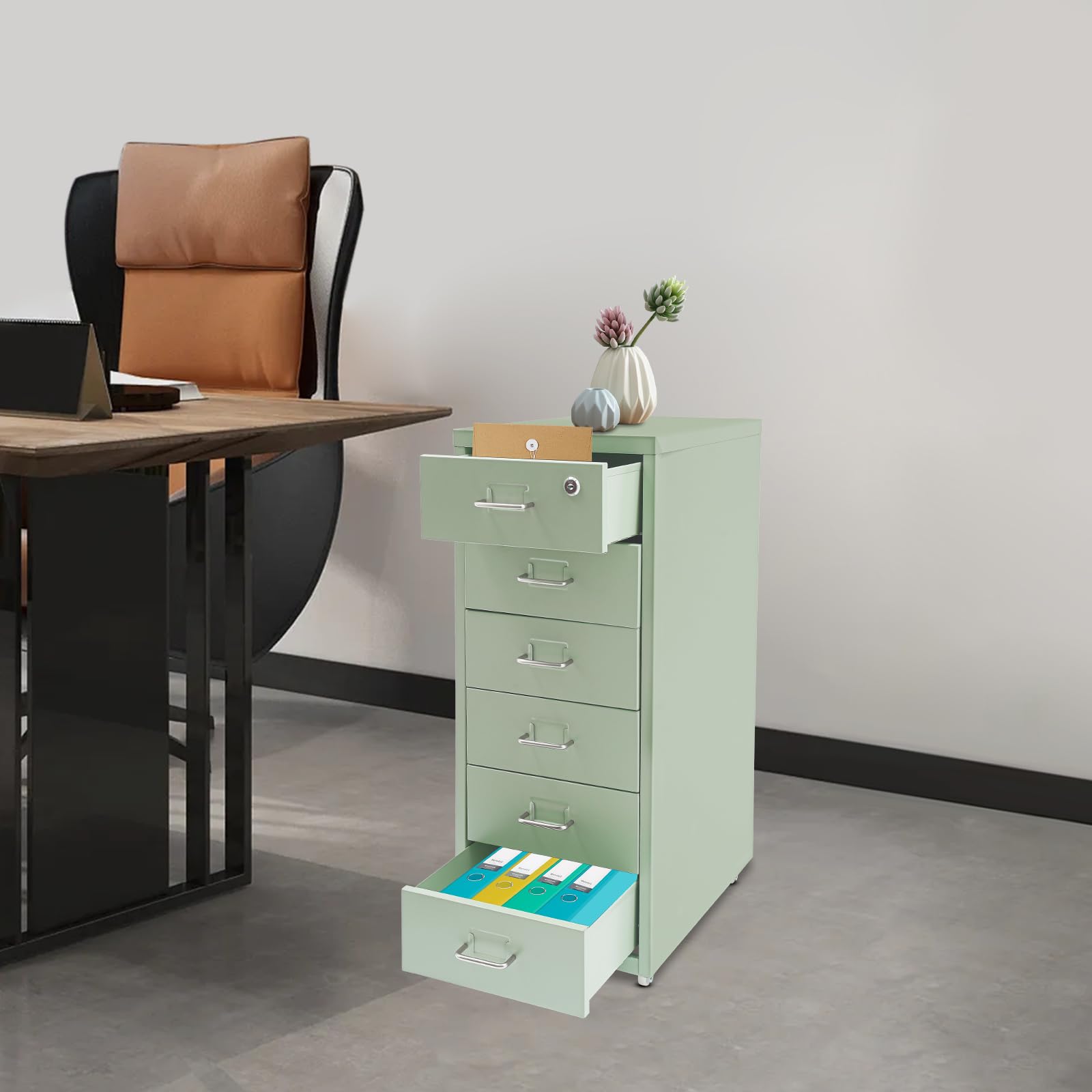 Caisson Bureau 6 Tiroirs Métallique avec Roulettes et Serrure Vert 41x28x69