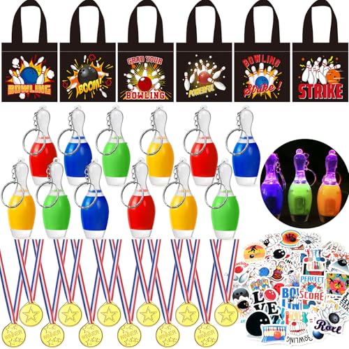 96PCS Bowling Sac Cadeau Anniversaire Enfant Medaille Sac Cadeau Mini-Quille de Bowling Porte Clef Stickers De Bowling Pinata Anniversaire Garcon Fille