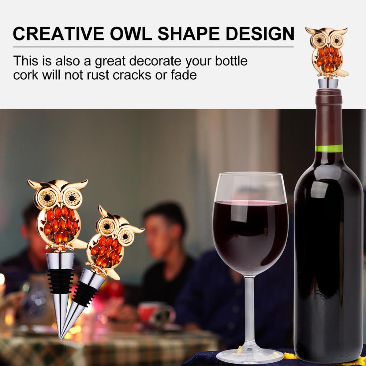 Bouchon à Vin Hibou en Métal Argenté, Décoratif Rust-Resistant