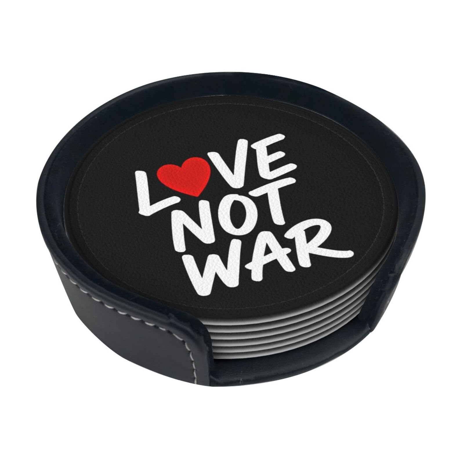 Cntdbu White Love Not War Leather Coasters Set Of 6-Pu Leather Drink Mats For Table, Heat Resistant Round Coasters With Holder