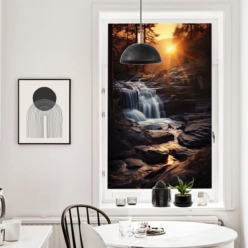 Sunset Over Waterfall Privacy Window Film Woods Nature Landscape Stained Glass Window Coverings Adhesive Sticker Frosted Window Film for Home Office Stores 35.4Wx63L inch