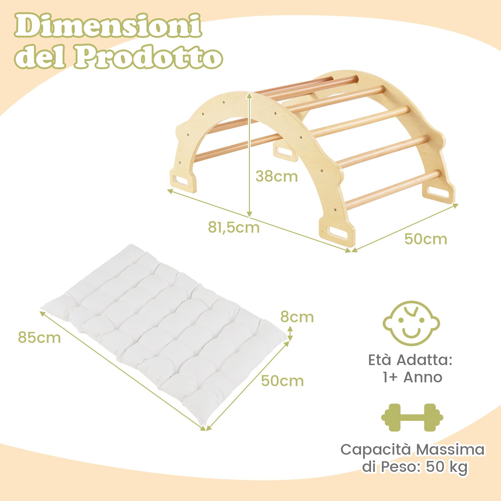 COSTWAY Arco da Arrampicata per Bambini, 2 in 1 Altalena ad Arco in Legno con Cuscino Morbido, Doppia Faccia, Ideale per Bambini 1+ Anni (Naturale)