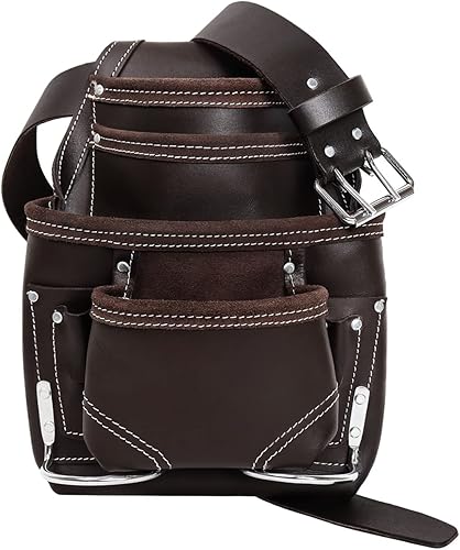 Miniatura 1 de Genuine Leather Tool Pouch Bag with 2'' Work Belt Included for Handyman, Construction, Carpenter, Farmers with 10 Pockets 2 Hammer Holders