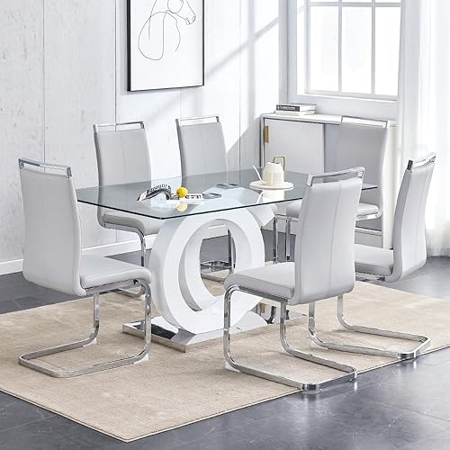 Juego de mesa de comedor de 63 pulgadas para 6, juego de mesa de comedor de cristal moderno para 6, mesa de vidrio templado con 6 sillas ergonómicas