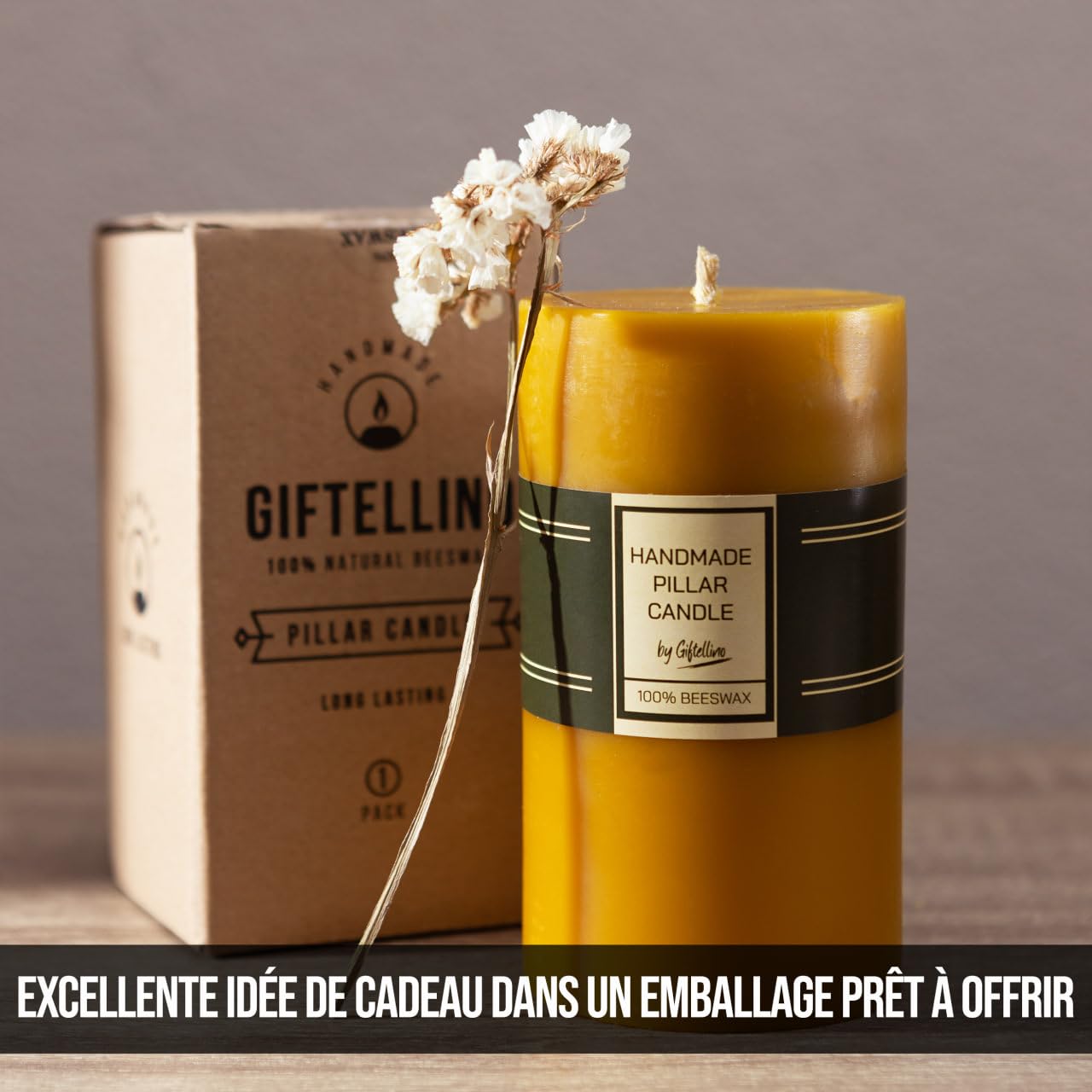 Bougie Pilier en 100% Pure Cire d'Abeille Extra Large - Durée de 80 Heures - Cire d'Abeille Pure et Mèche en Coton - Bougie sans Parfum pour les Urgences - Cadeau pour les Amateurs de Bougies
