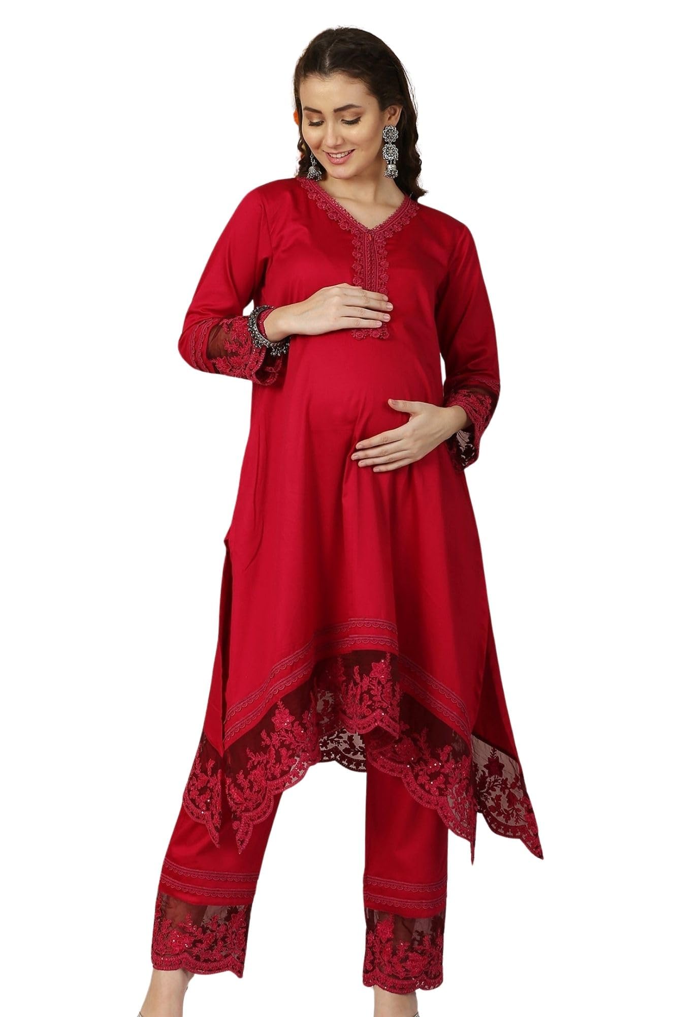 Luxe Burgundy Chanderi Maternity & Nursing Kurta Set with Bottom, 2 Piece Feeding Suit for Women-image-20