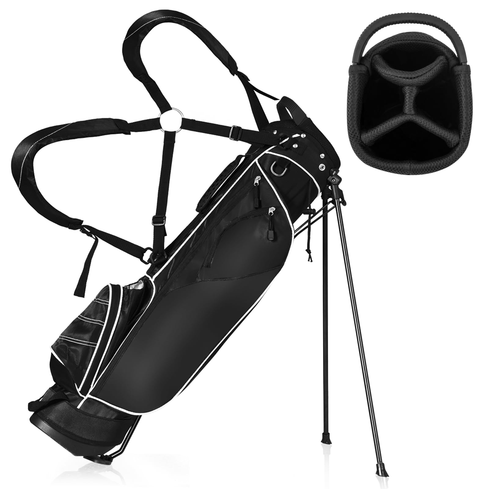 ULTIMATE Golf Stand Bag with 4-Way Top Dividers, Portable Ergonomic Golf Bag with 4 Zippered Pockets, Cooler Bag, Rain Hood and Dual Strap System, 3.5 LBS Lightweight for Men Women (Black)