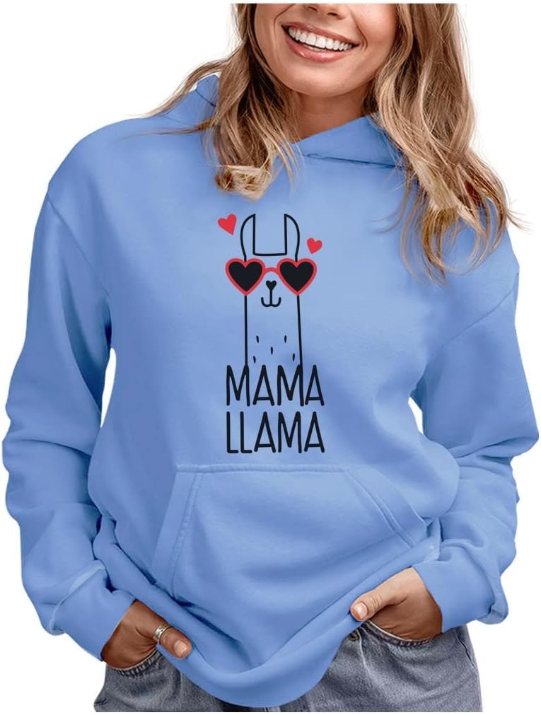 Tstars Mama Llama Hoodie for Women Gift for Wife Mother Funny Pullover Apparel Alpaca Lover Outfit