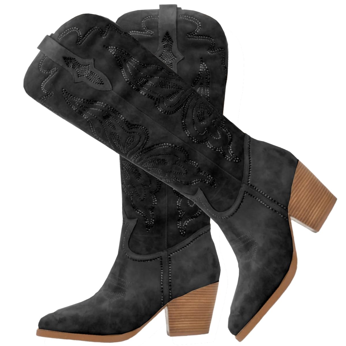 Women Rhinestone Knee High Western Boots Suede Chunky Stacked Heel Pointed Toe Mid Calf Cowboy Boots Embroidered Side