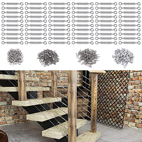 Muzata 60Set 1 8 Cable Railing Kit Hardware Heavy Duty Turnbuckle M5 Eye to Eye for Wood Post Wire Rope Stainless Steel Angle Adjustable WoodLoft System Deck Stair 60 Cable Lines CK01,CA4 CA5…
