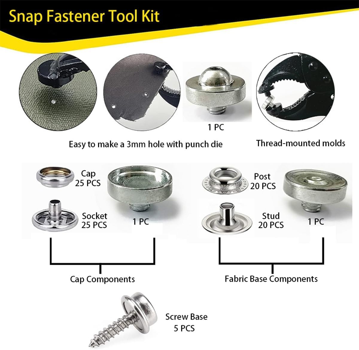 Heavy Duty Snap Fastener Tool Kit with 25 Sets Snaps, Includes Fabric Snap Buttons, Large Buttons, Snap Setter Pliers, Transparent Storage Box for Boat Covers, Canvas, Tarps, DIY Repair