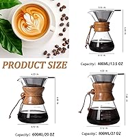 Vista 3 de Pour Over Coffee Maker with Reusable Stainless Steel Drip Filter, Lead-Free Borosilicate Glass Coffee Carafe with Modern Wooden Collar for 1-2Cup