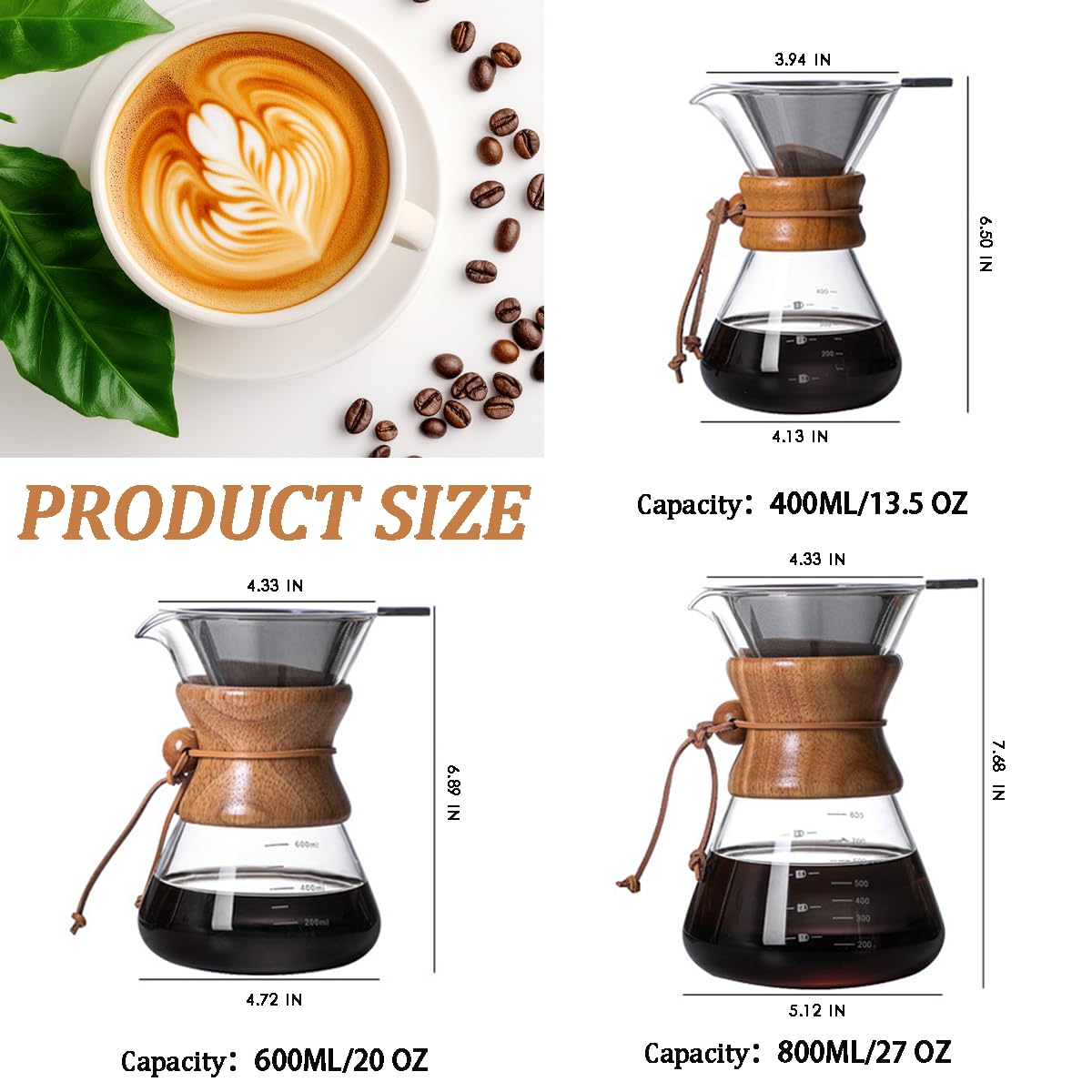 Cafetera vertida con filtro de goteo de acero inoxidable reutilizable, jarra de café de vidrio de borosilicato sin plomo con collar de madera moderno para 1-6 tazas, transparente circular 3