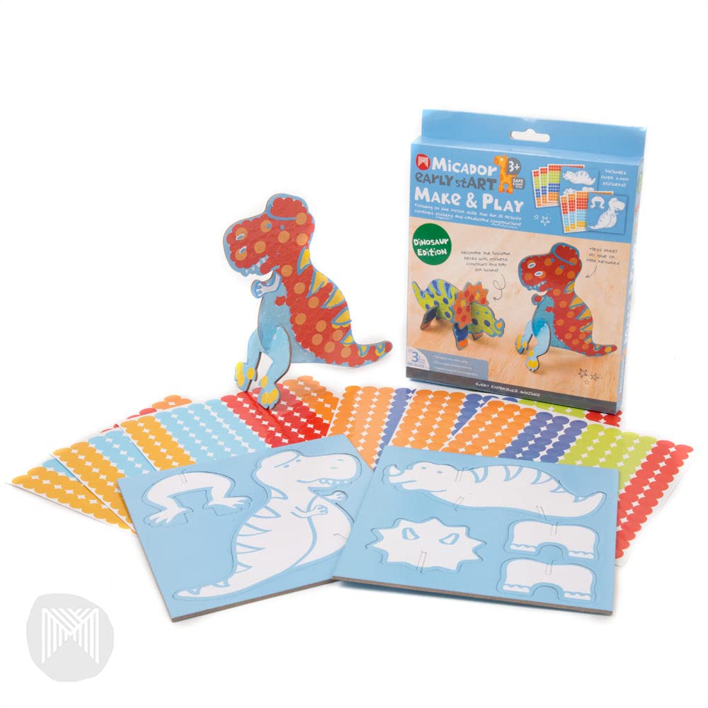 Micador Early Start Make & Play 2-Piece Set, Dino - Pop-Out Cardboard + Stickers - Educational + Fine Motor Skills, Imaginative Play, Problem Solving - Ages 3+