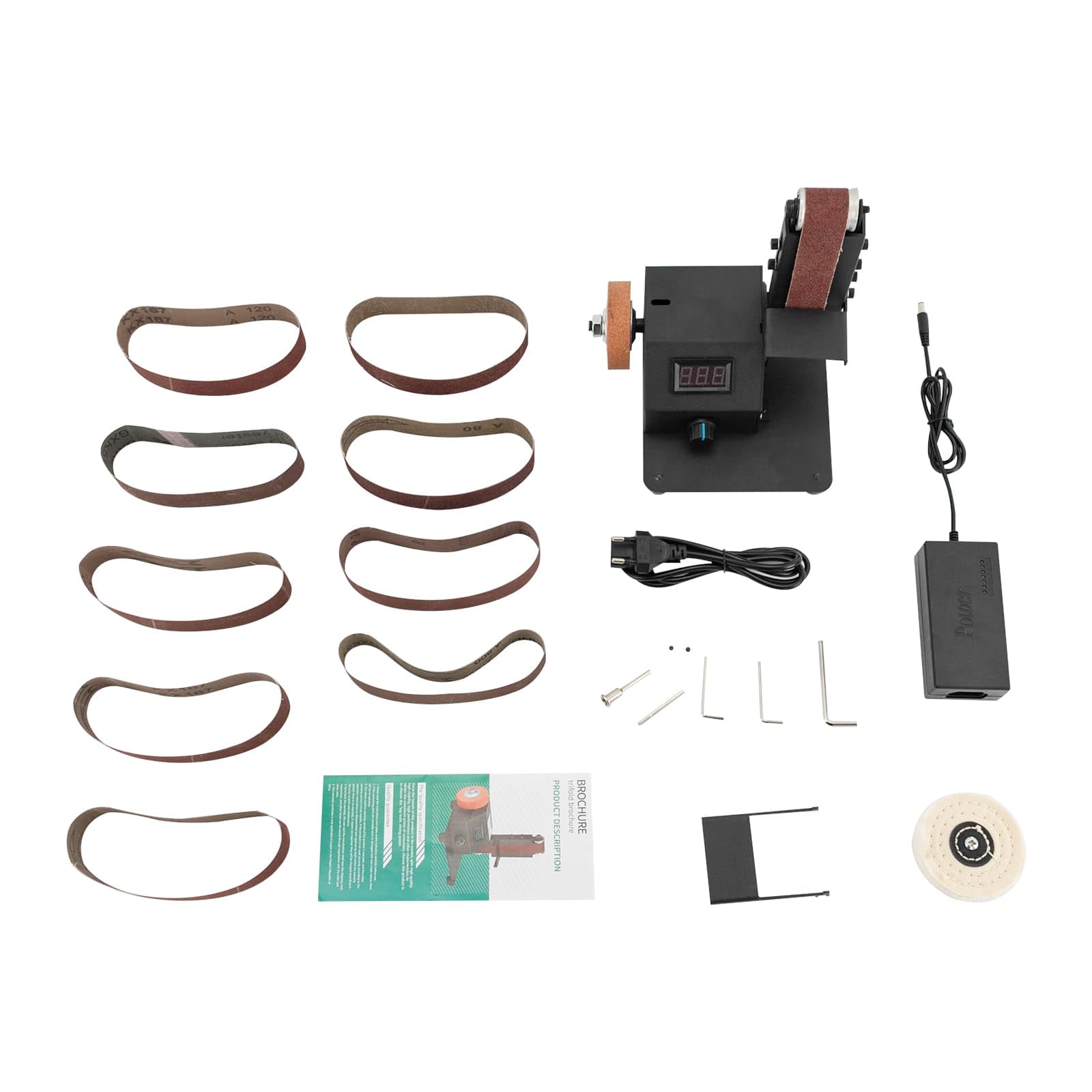 Mini-Bandschleifer, 350 W, multifunktional, Geschwindigkeit stufenlos verstellbar, 0 – 8500 U/min, verstellbarer Schleifarm, digitale Anzeige, mit 10 Schleifbändern