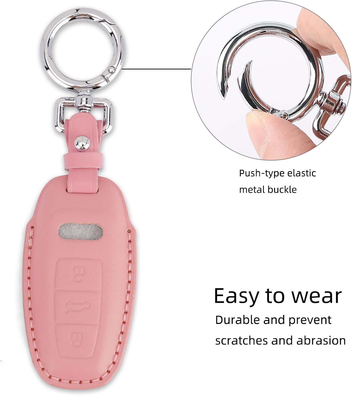 Genuine Leather Key Fob Cover with Keychain, Compatible with Aud 2019-2022 A3, A6, A7, E-Tron, A8, and Q8 Smart Key (Pink)
