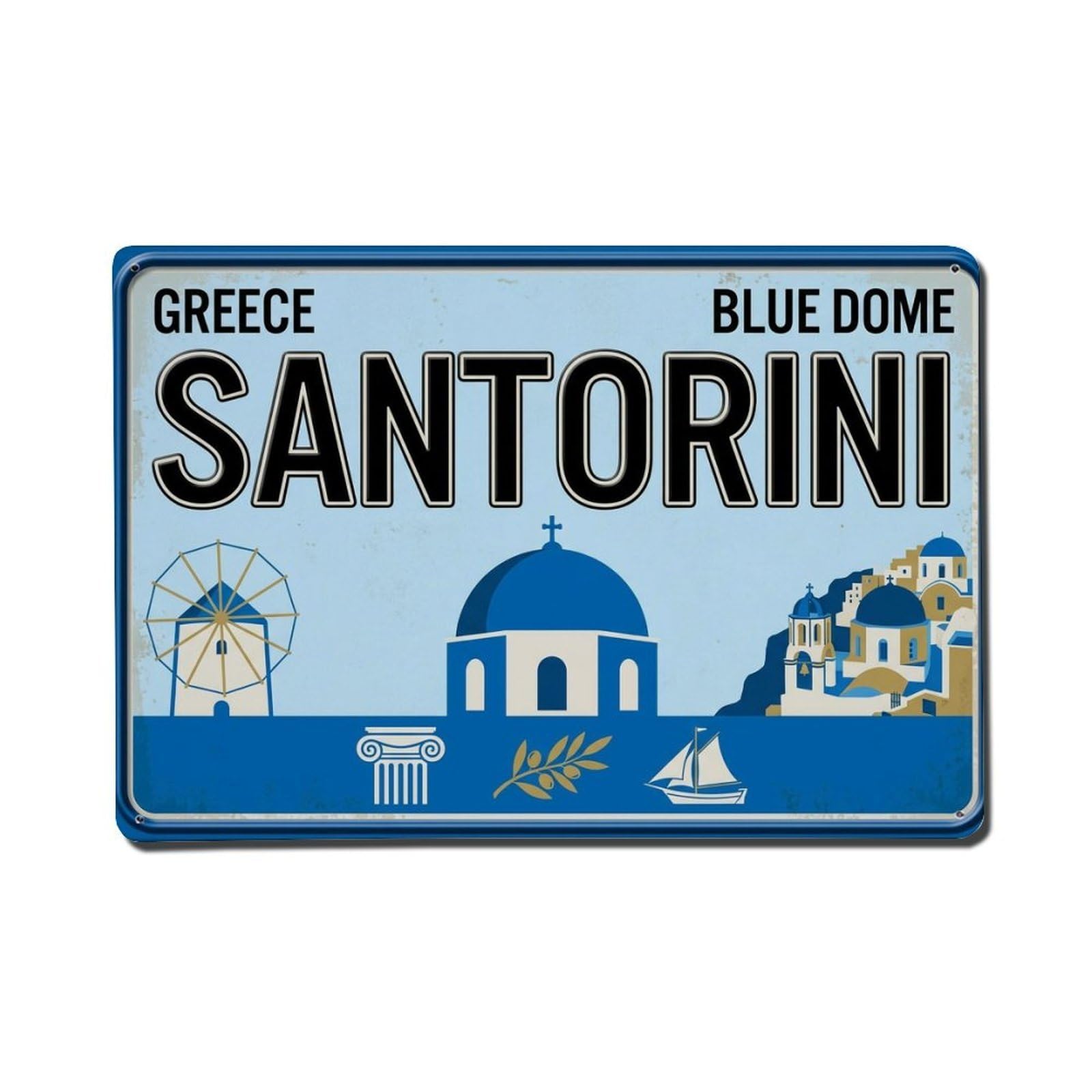 Cxhjca 8X12inch(20X30cm) Vintage Travel Santorini Blue Dome Windmill Metal Tin Sign