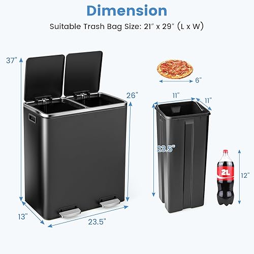Miniatura 7 de Goplus Basurero doble de 60 litros (2 x 30 L)16 galones de acero inoxidable, cubo de basura rectangular con cubos interiores y tapas con bisagras,