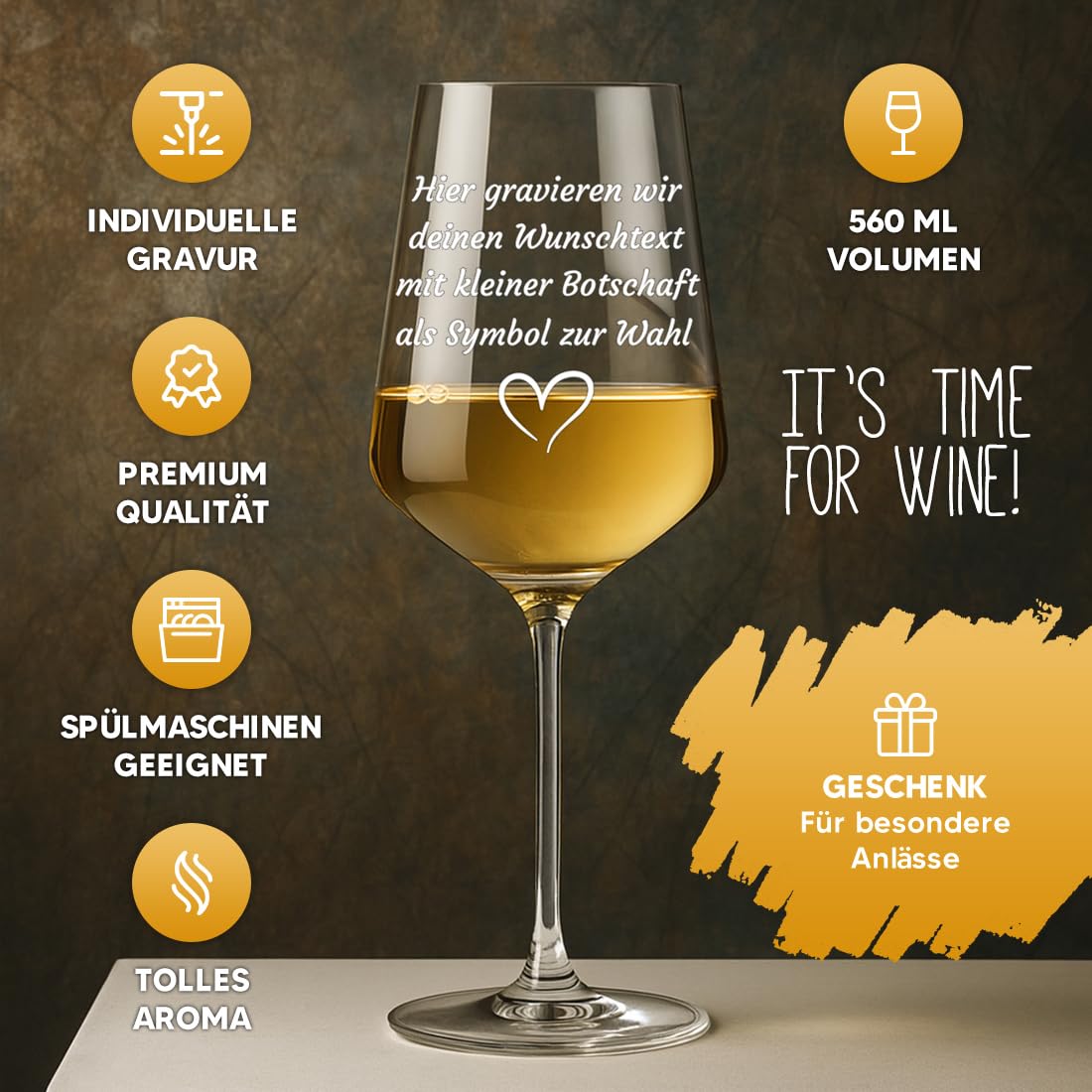 Weinglas mit Gravur personalisiert mit Wunschtext, 560 ml Weißwein-Glas als Geschenk zu Geburtstag oder Hochzeit - tolle Geschenkidee für Frauen, Männer, Mama & Papa