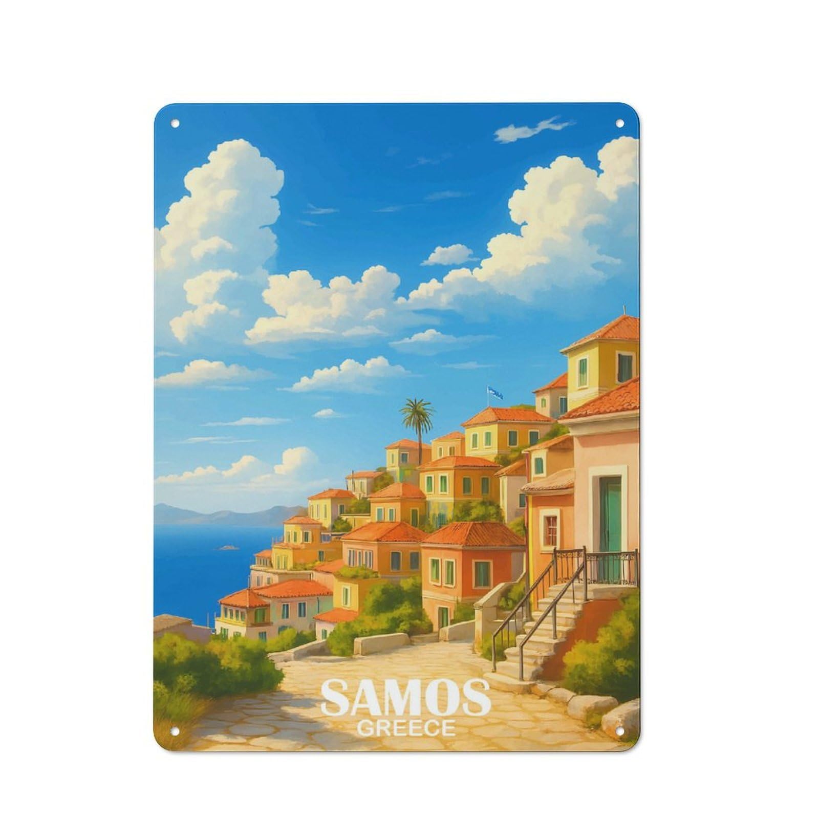Junmoney Style-5 40X30cm Vintage Metal Sign With Samos, Greece Coastal Scene For Studio Or Craft Room, For Vintage Wall Decor Fans, For Metal Sign Collectors