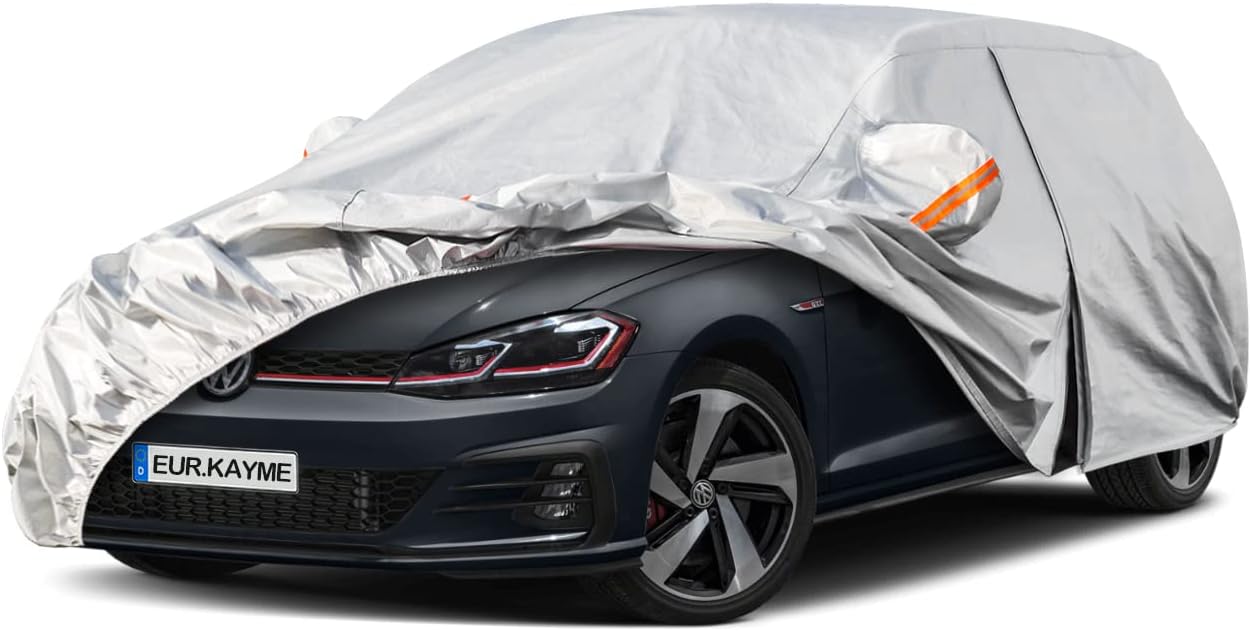 Kayme Bâche Voiture Étanche Respirante, Housse de Protection Voiture Extérieur Contre Pluie Soleil avec Zip et Doublure en Coton, Compatible avec Golf, 308, Captur, Mégane pour a Hayon 415 à 450 cm