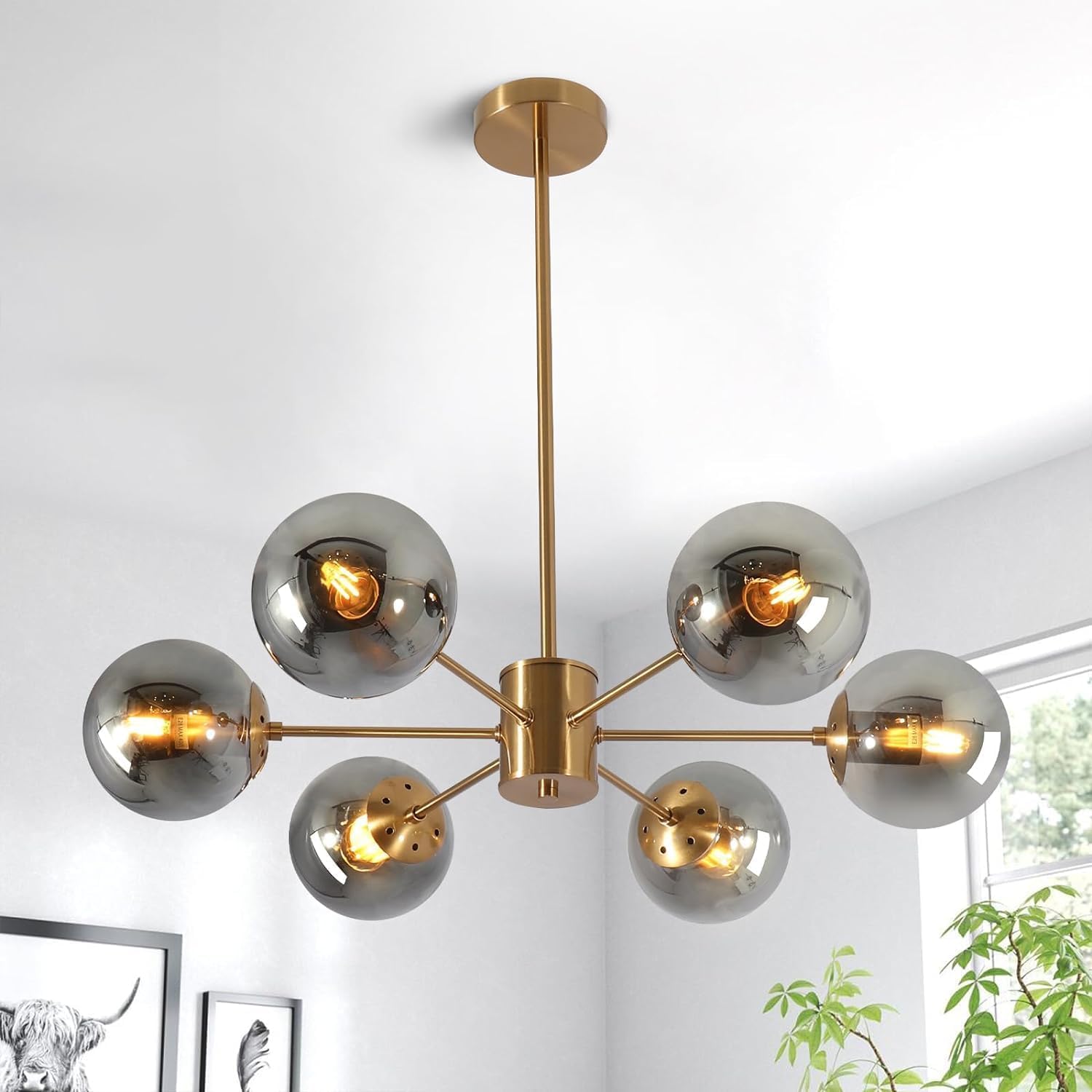 Light Home Decor Modern Metal Chandelier Light Fixture, Hanging Ceiling Lights for Living Room, Pendant Lights for Home Decor Cafe Hotel, with E27 LED Bulb (6 Light Black Glass Hanging LAMP)-image-49