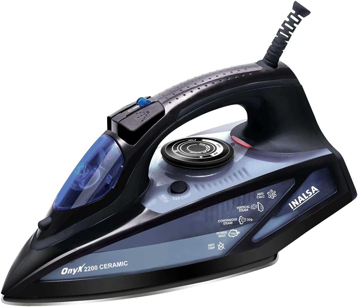 Inalsa Steam Iron Onyx 2200 Watt, Quick Heat Up with up to 30 g/min steam, 100 g steam Boost, Water Spray, Scratch Resistant Ceramic Soleplate, Vertical steam, Anti Drip & Anti Calc Functions.
