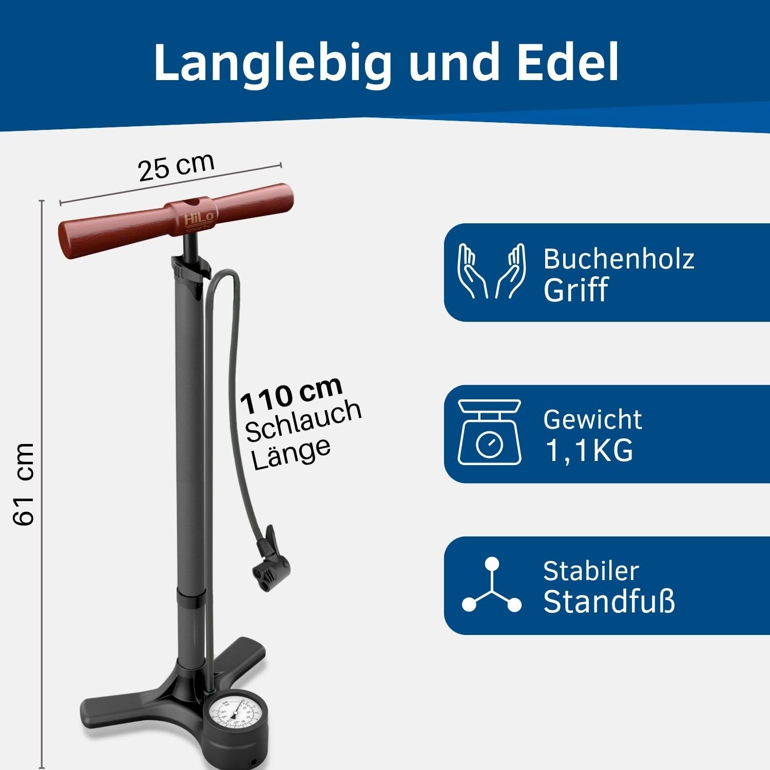 HiLo sports Fahrrad Standpumpe bis 11 bar - [Passt für alle Ventile] - Standluftpumpe mit Holz Griff - Aus lackiertem Stahl gefertigte Stand Fahrradpumpe