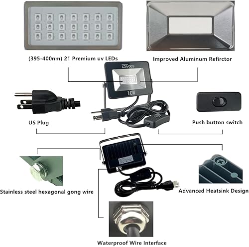 Miniatura 4 de ZSGoes Paquete de 2 luces negras ultravioleta ultravioleta de 10 W de 110 VCA para fiesta de luz negra de Halloween, iluminación de escenario,