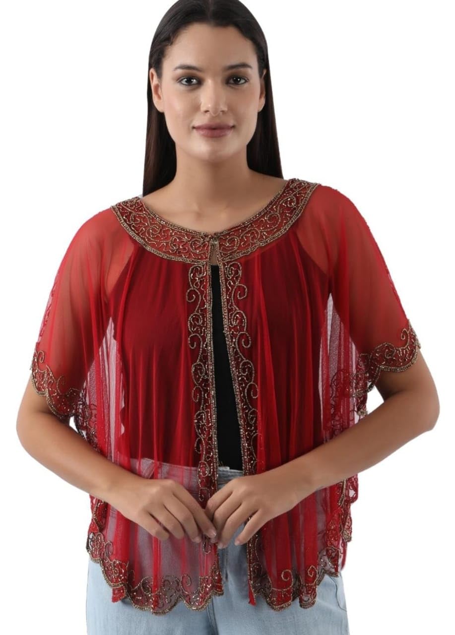 Women's 1920S Short Sleeves Long Poncho Shawl Sequin Beaded Sheer Mesh Capelet Sequined Bolero Jacket-picture-51