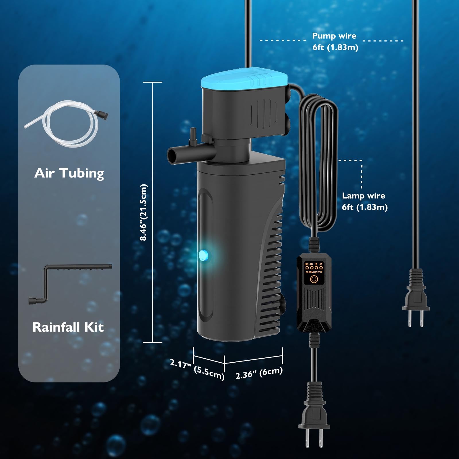Filtro per acquario con chiarificatore U - V per la pulizia dell'acqua verde, filtro per rimuovere le alghe | Macchina verde per uccidere | Modalità aria/pioggia | con timer | Filtro per acquari