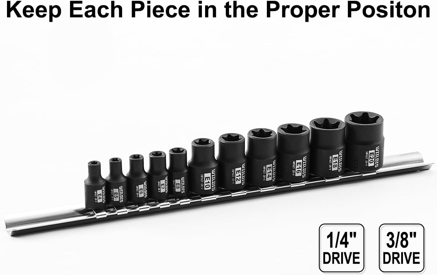 WIILDIS 11-Piece E-Torx Socket Set, 1/4" & 3/8" Drive, E4-E20 Torque Socket Set