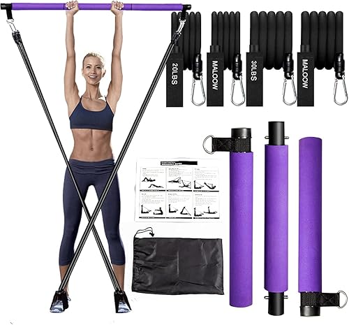 MALOOW Portable Pilates Exercise Bar Kit with Adjustable Resistance Bands and Travel Bag for Use at Home, Gym, Office, or Travel