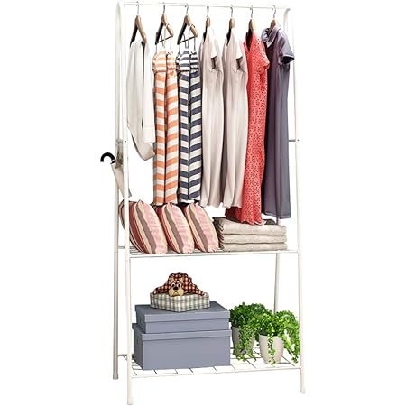 Amazon ハンガーラック 頑丈ハンガー パイプハンガーラック 洋服かけスタンド 物干しスタンド 洋服掛け コート掛け 収納ラック 2段棚付き フック付き 組立簡単 防サビ 防水 耐腐食性 耐荷重100kg ホワイト 61 36 163cm ハンガーラック オンライン通販